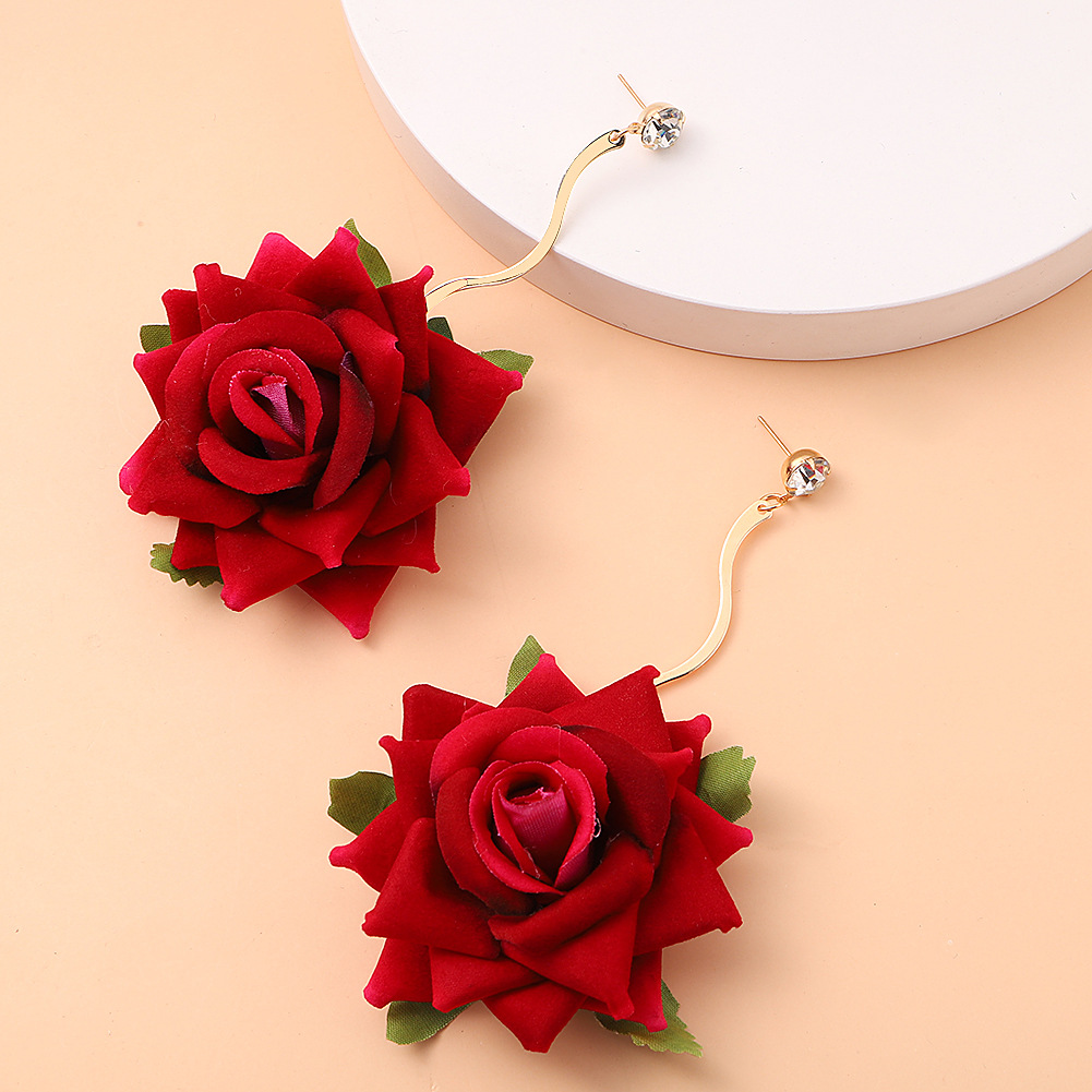 Exaggerated Three-Dimensional Rose Fabric Flower Earrings for Spring & Summer