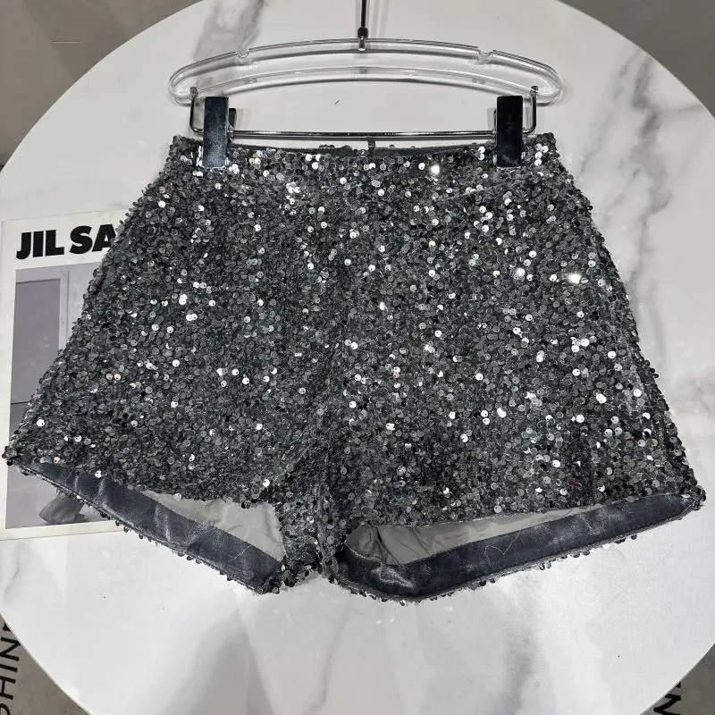 Clubwear Shorts Ladies Sexy Sequins Shorts Loose High Waist Streetwear Wide Leg Short Pants Sliver Black Women Clothing 250304