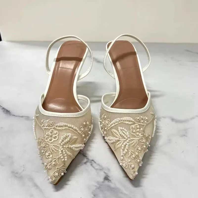 TRAF Wan Vintage Embroidered High H White Pointed Toe Stiletto High H Pumps Autumn Elegant Fem Slingback High H Y250304