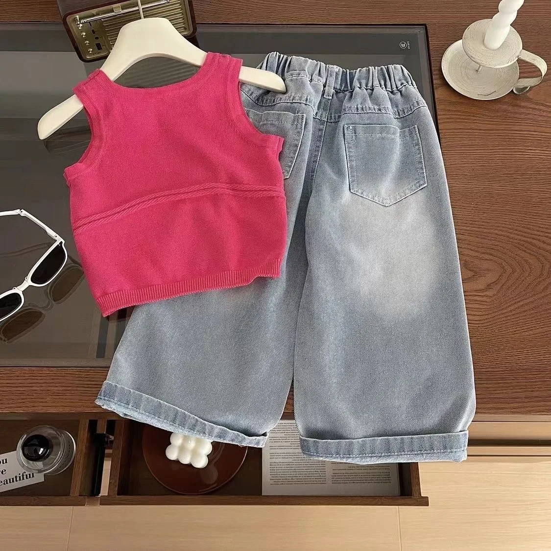 Girls Summer Set Knitted Suspender Vest Jeans Two-piece Set For Childrens Summer Girl Clothes Clothing Set Kids Clothes 250305