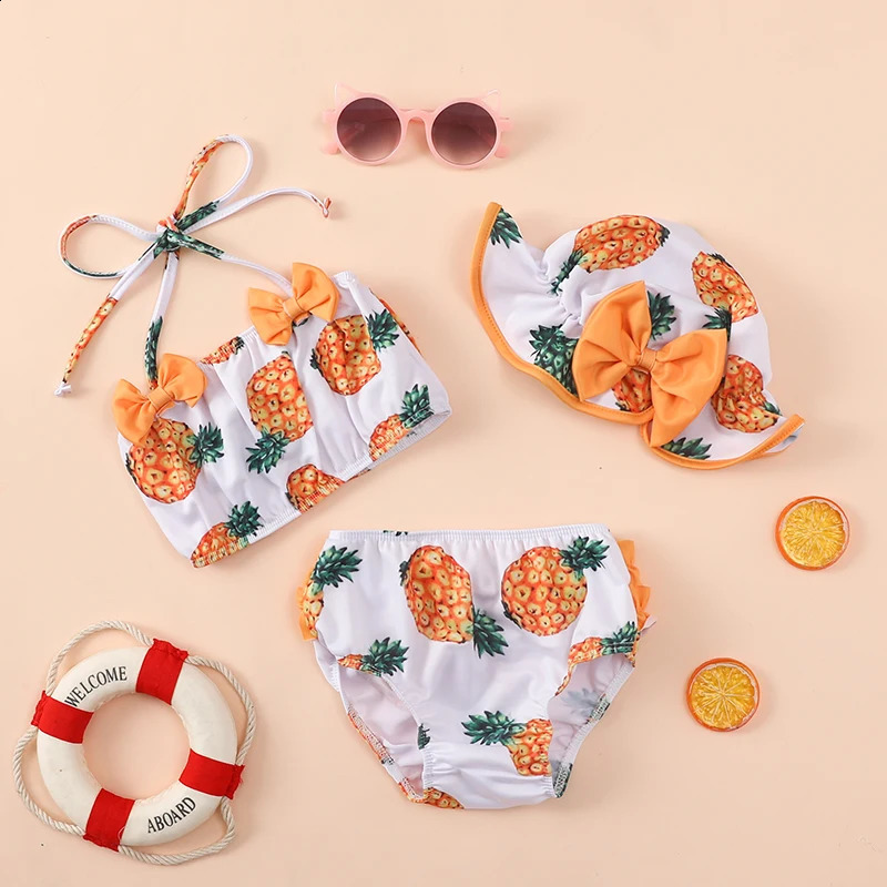 0-24M Summer Baby Girl Three Piece Swimsuit Flower Halter Swim Top Bottom and Sun Cap Bikini Set 250304