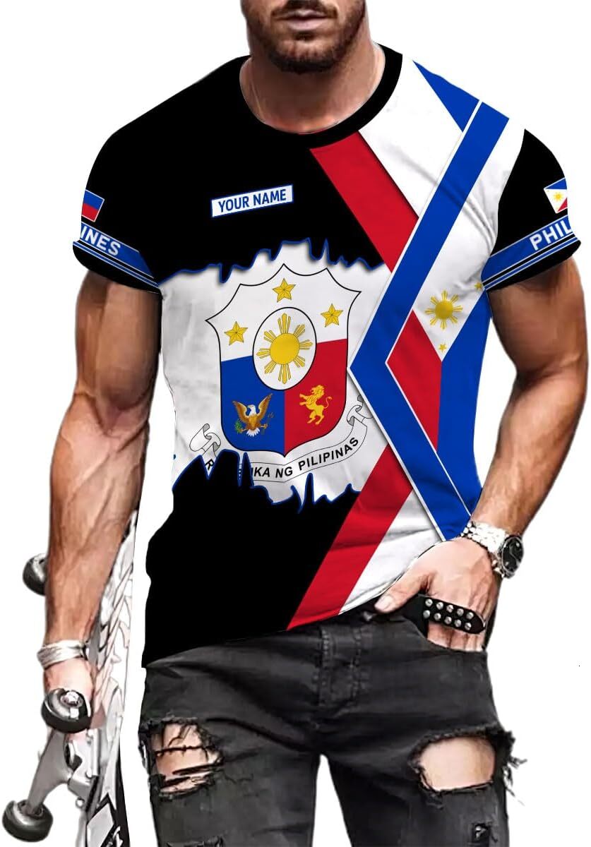 Mens T shirt Personalized Name Philippines Shirts 3D, Filipino Flag Pride Shirt Philippines Shirt Flag Tshirt for Men 19 tee Casual tops summer clothe