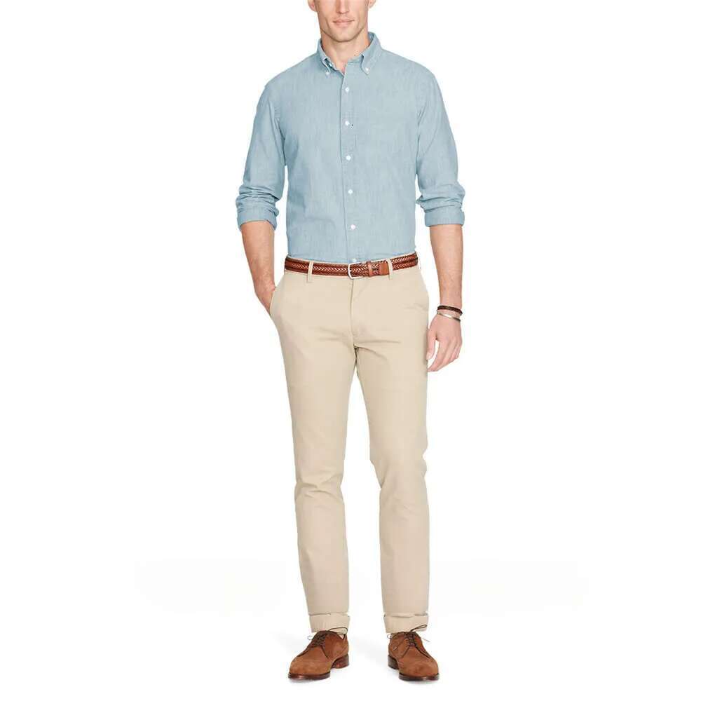 Men's 100% Cotton Denim Casual Long Sleeve Striped Turn-Down Collar Business Dress Shirt Comfortable Top For Spring And Autumn Fashion Classic Sh