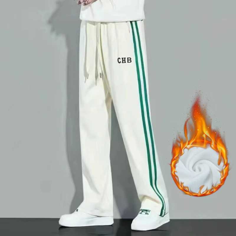 Flce Thick Warm Straight Casual Pants Men Autumn Winter New Patchwork Striped Drawstring Waist Loose Versatile Sports Trousers X250305