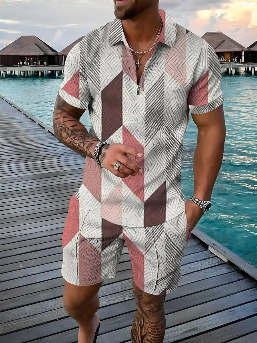 Summer Fashion Mens 3D Print Polo Shirts Short Sleeve Short Pants Color Gradient 2 Pcs Sets Golf Tracksuit Casual Beach Holiday 250304