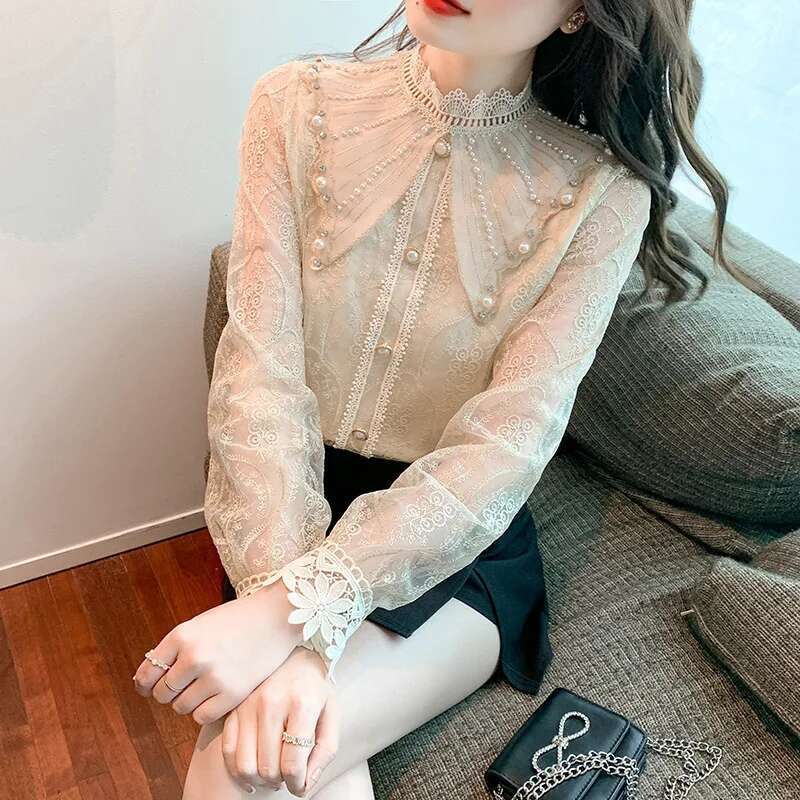 #2544 Vintage Lace Blouse Women Ruffles Collar Split Joint Buttons Pullover Womens Tops And Blouses Long Sleeve France Style