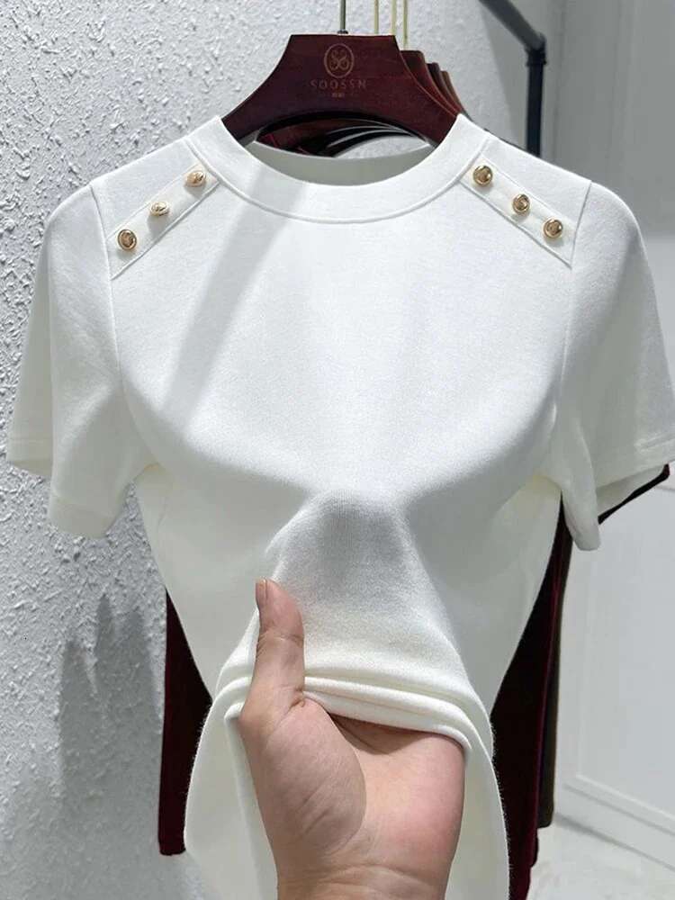 Office Lady Cotton T-Shirt With Medium Stretch For Women's Summer, Button Design Round Neck Slimming Top Gothic