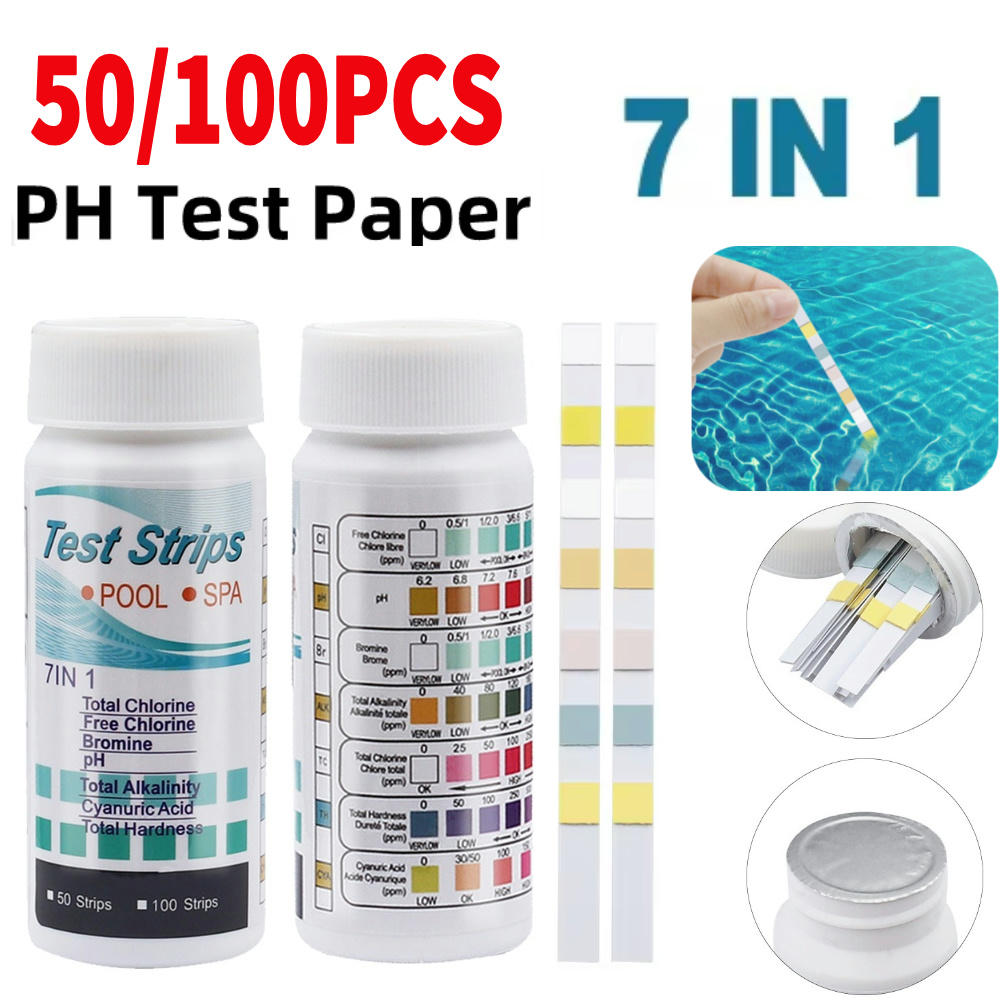 50/100pcs Water Test PH Strip 7-in-1 Residual Chlorine Value Alkalinity Hardness Tester For Aquarium/Fish Tank/Swimming Pool/Spa