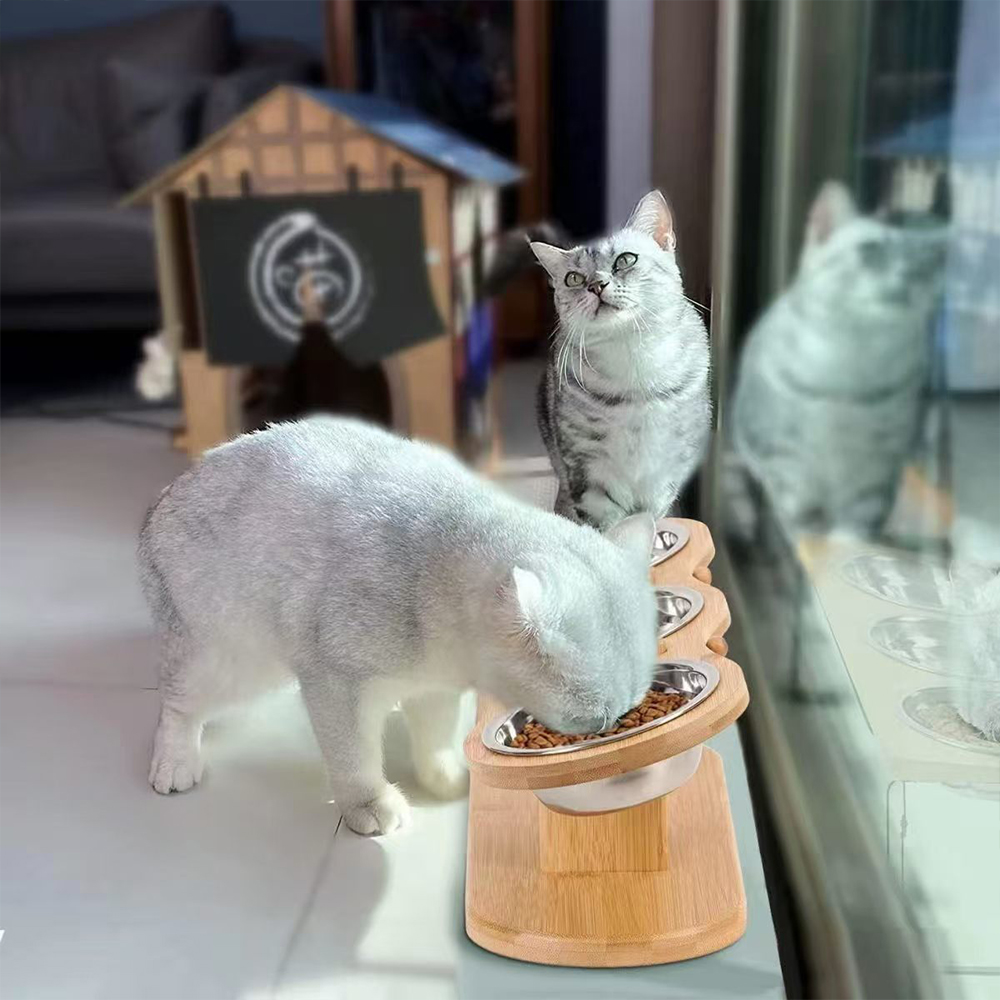 Cat 3 Bowls in 1 Feeder Feeding & Watering Supplies Food Bowl 15-Degree Tilt Raised 3 Stainless Steel Bowls Wood Brackets Puppy