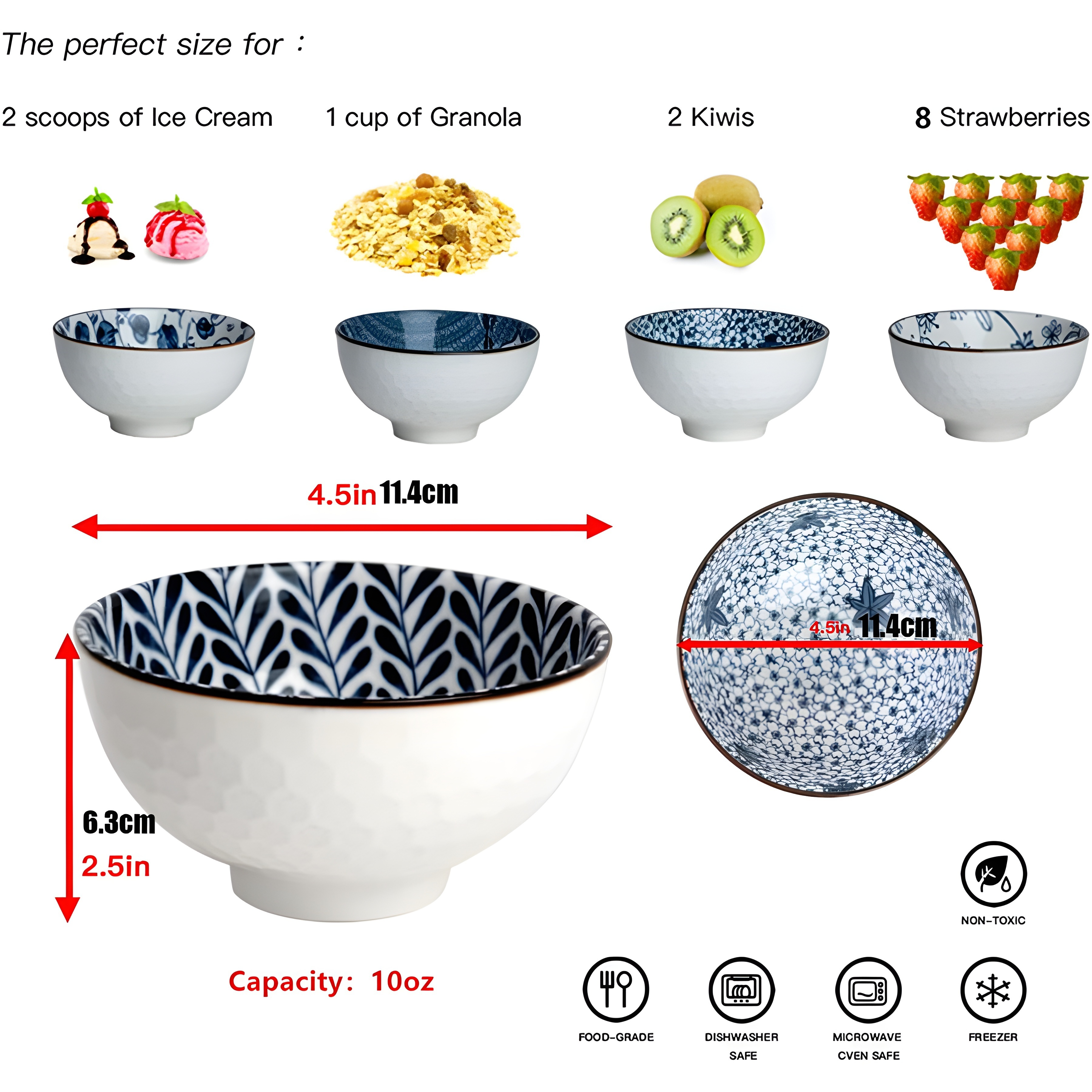 Japanese Style Ceramic Cereal Bowls,10 Ounces Salad,Soup,Rice Bowl Set,Blue and White (4.5 inch)