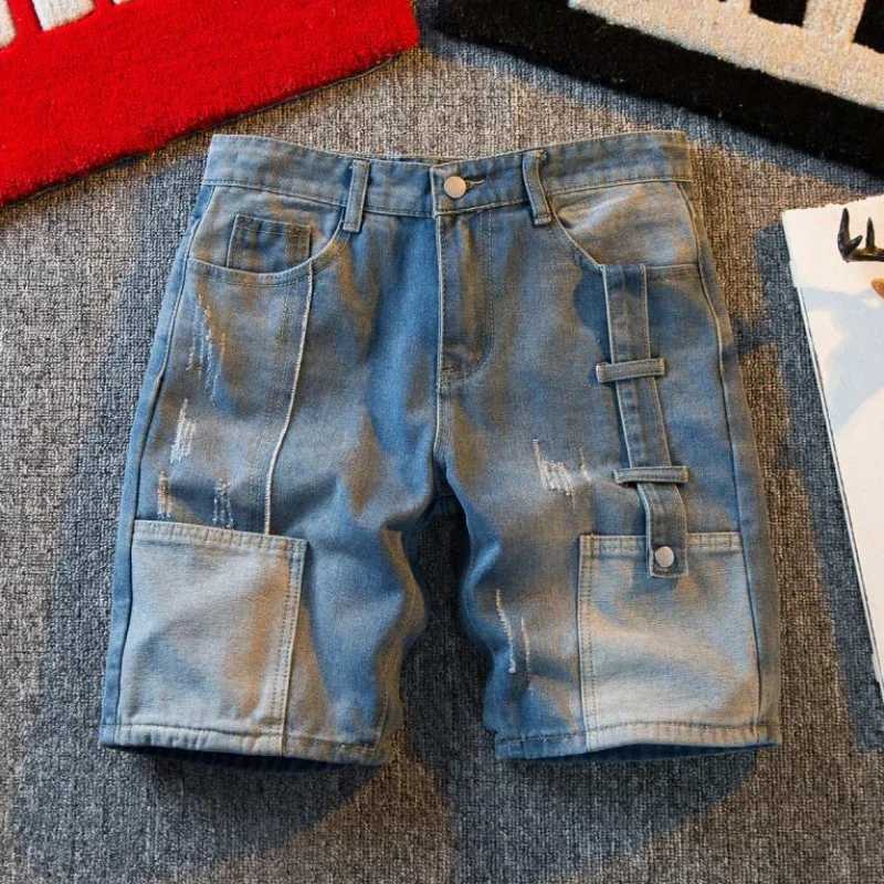 Mens Short Jeans Pants Cargo Baggy Patchwork Wide Male Denim Shorts Loose Trend 2024 Xl Korean Fashion Streetwear Cut SummerT250305