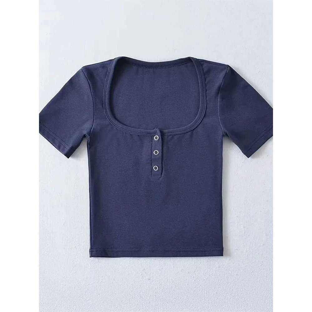Button Women Front Short Sleeved Crop T-Shirt KLMY