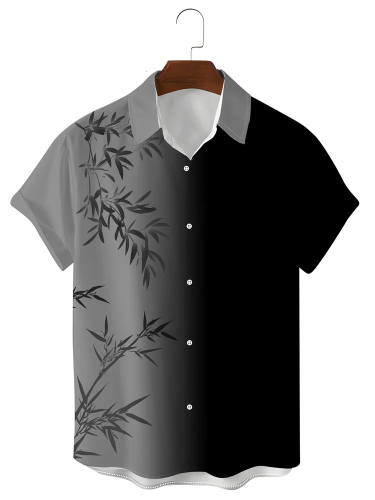 2024 Fashion Ink Bamboo Leaves Threedimensional Printing Collar Shirt Mens Casual Shortsleeved Summer Loose Boys 250227Z