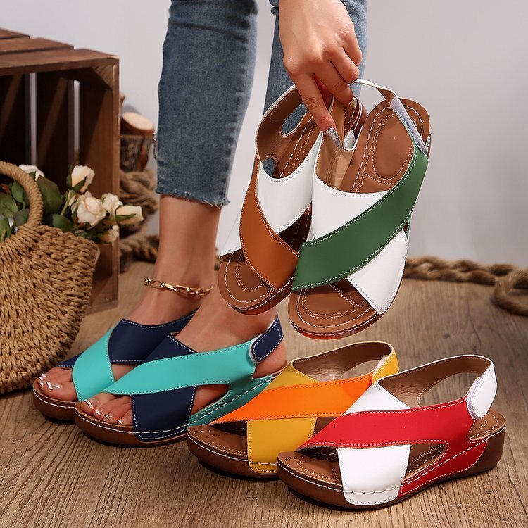 Large size wide stripe with beach slope heel, thick soled fish mouth sandals, 2025 summer new rocking line shoes ddmykukumalu