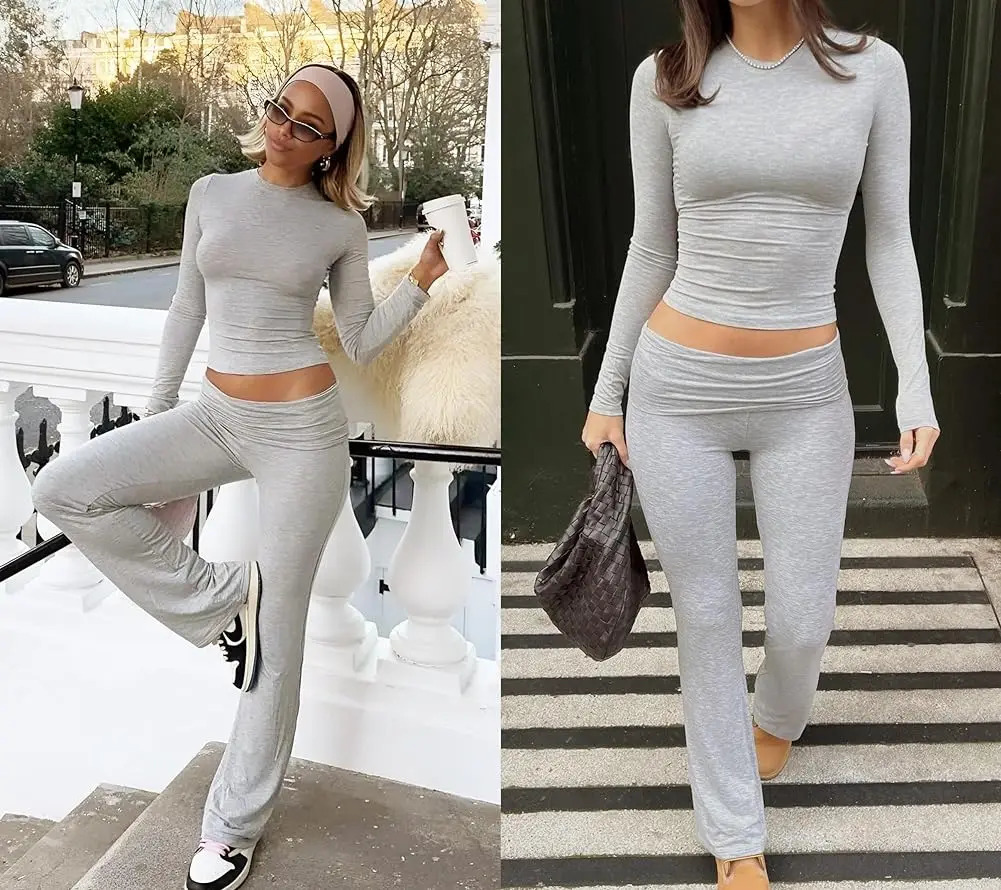 Casual Workout Two Piece Outfits Long Sleeve High Waist Fold-over Flare Flared Leggings Pants Tracksuit Sets Streetwear 250304