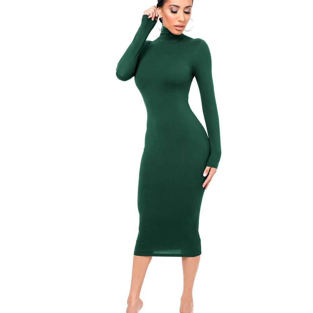 Black Winter Turtleneck Sexy Women Dress Autumn Long Sleeve Skinny Midi Boydcon Casual Blue Plush Knee-Length Party Club KLMY