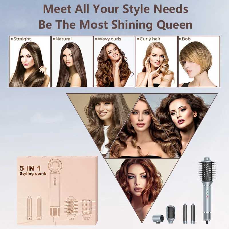 Hair Dryers 5-in-1 Professional Hair Dryer Low Noise Adjustable Temperature Replaceable Heads Automatic Curling Iron for Perfect Styling z250305