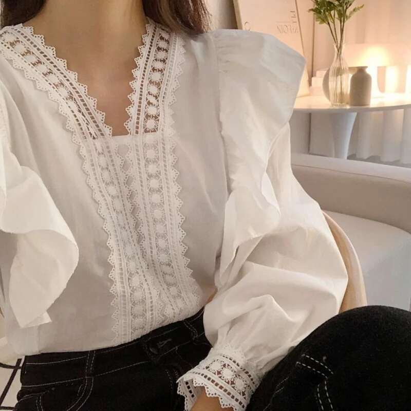 V-Neck Ruffles Puff Women Blouse Tops Long Sleeve White Shirts Fashion Casual Office Lady Elegant Clothing