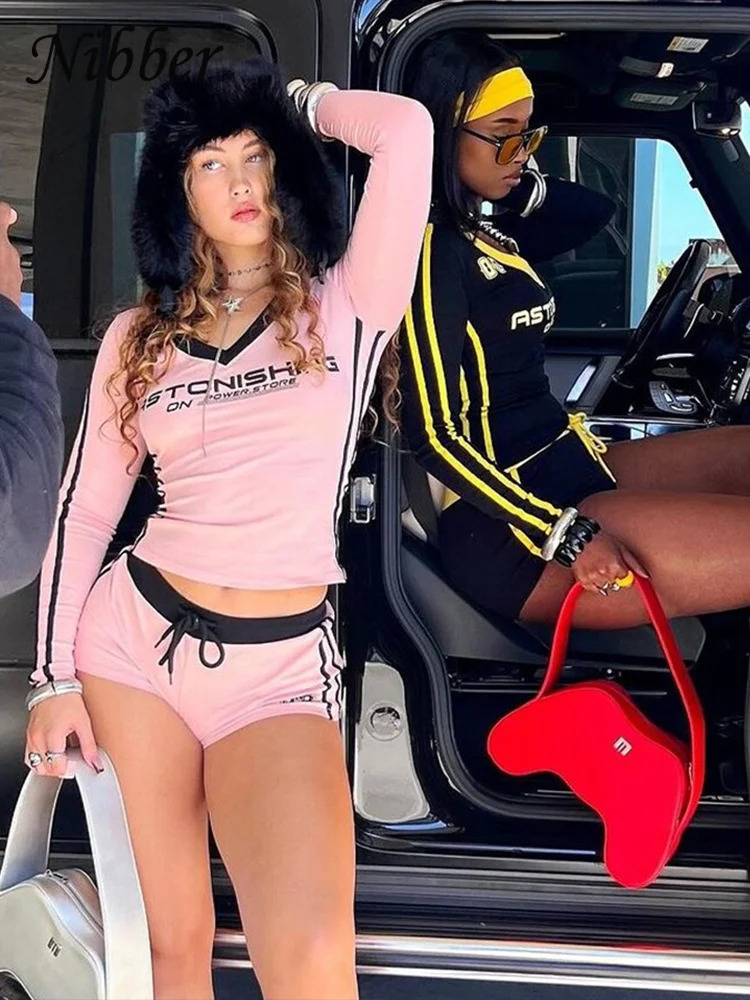 Nibber Women Tracksuit 2 Piece Set Stroke Tight Hipster Letter Print Sporty Casual Crop TopsShorts Vitality Matching Outfits 250304