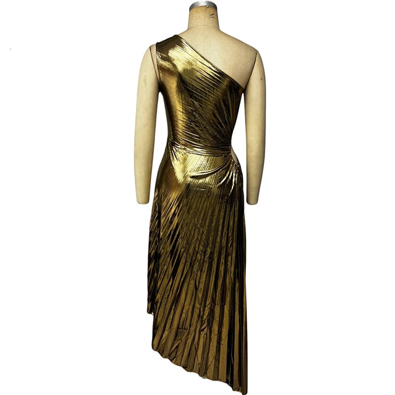 Wefad Midi Dress Summer Fashion Irregular One Shoulder Solid Nipped Waist Hollow Out Pleated Evening Party Dresses 250304