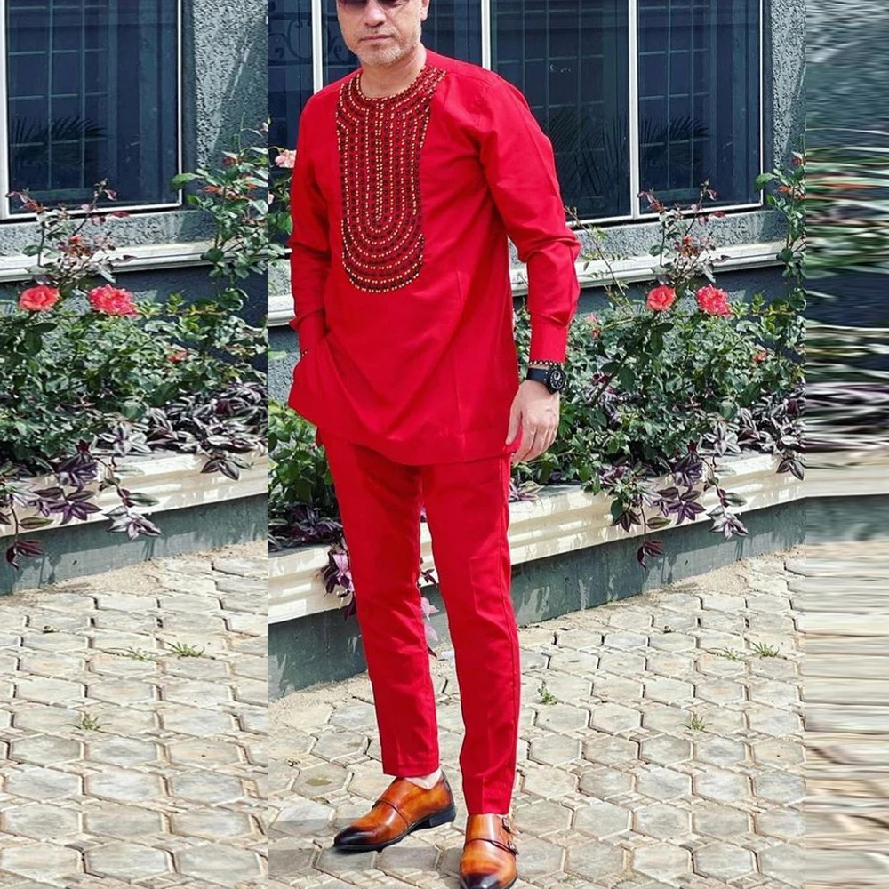 Kaunda Boutique Mens Set Fashionable Red Grand Round Neck Embroidery Slim Fit Two Piece Wedding Festival Set 250303