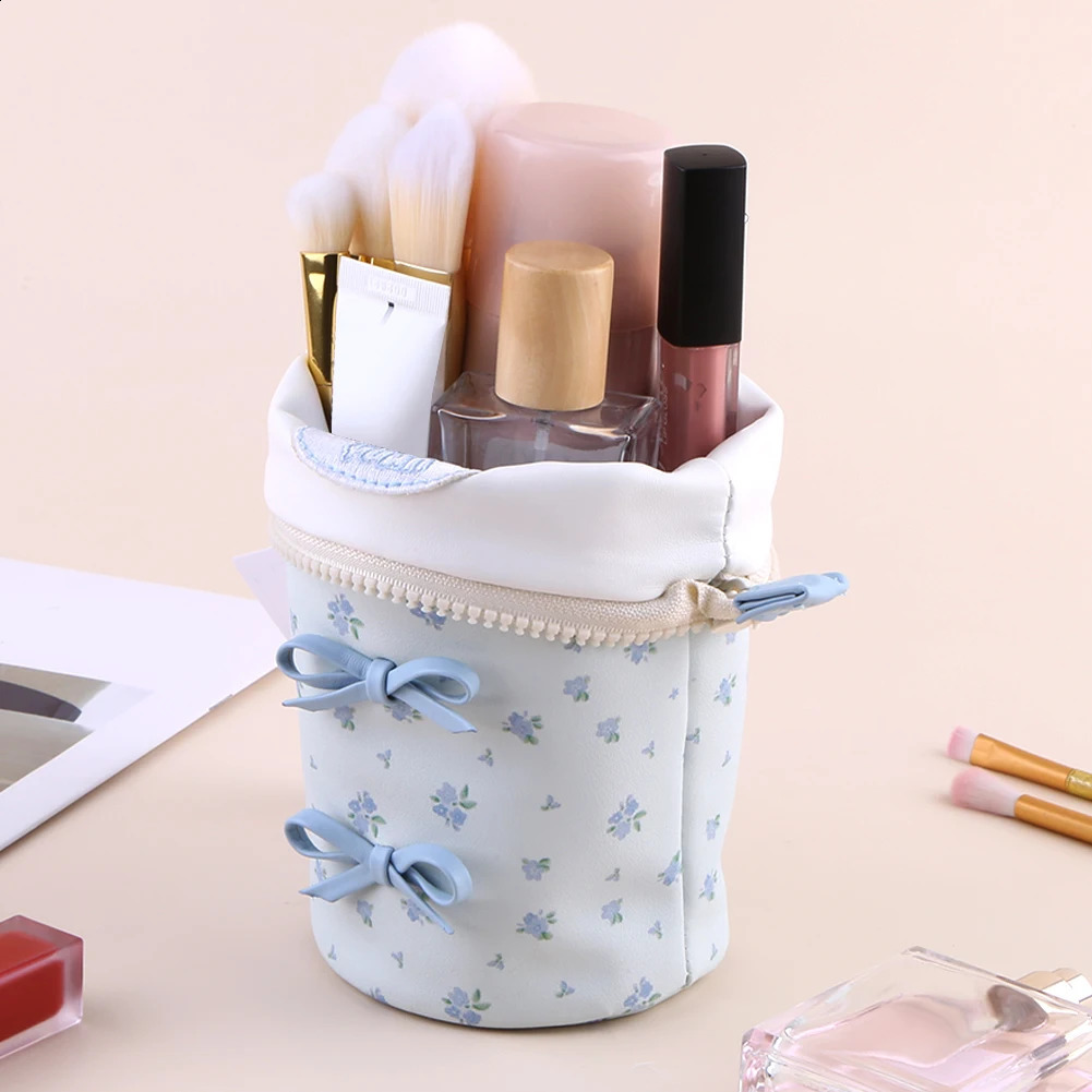 Ship from US Women Leather Makeup Bag Bow Toiletry Large Capacity Organizer Aesthetic Portable Cosmetic Storage 250305FBB