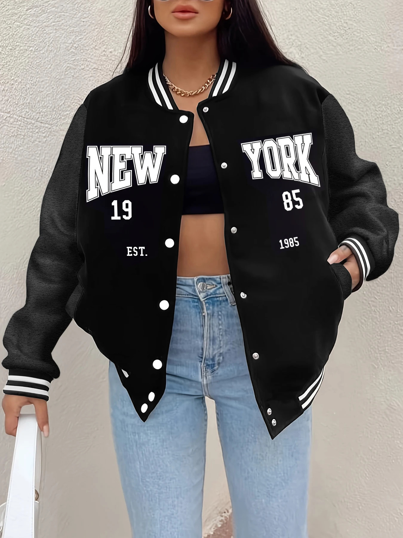 York 1985 Letter Prints Jackets Women Hip Hop Baseball Uniform Personality Street Casual Jacket Warm Soft Womans Clothing 250304