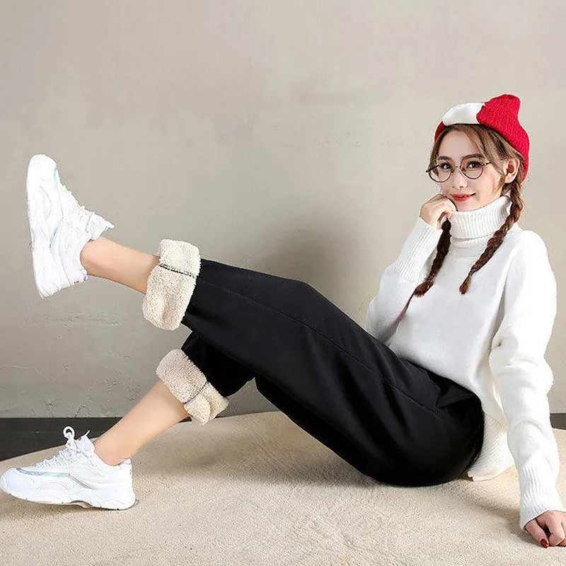 Winter Lambswool Warm Casual Pants Fleece Lined Sweatpants High Waist Stretchy Thick Thermal 250304