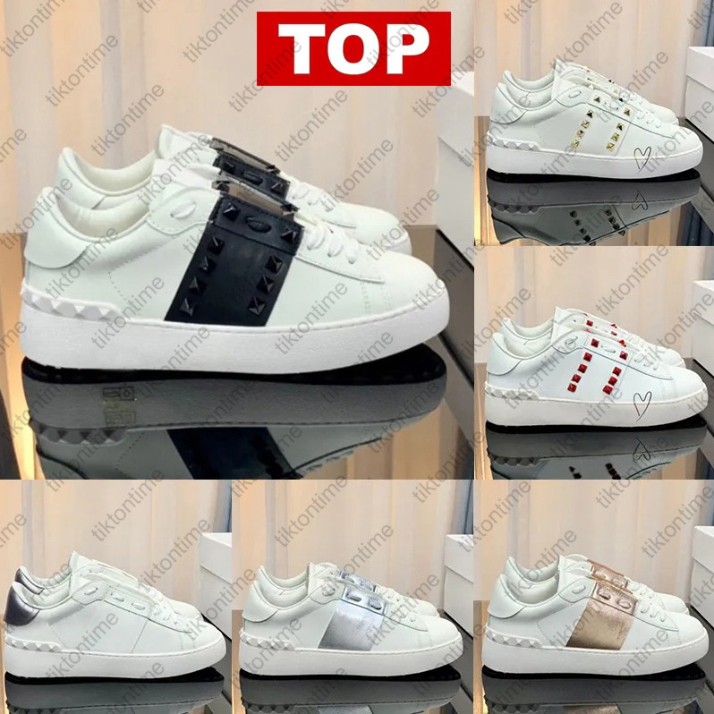 Top Designer shoes open untitled studs Casual sneakers men women Ruthenium metallic leather Heel low outdoor mens pink gold band womens luxury leather Trainers
