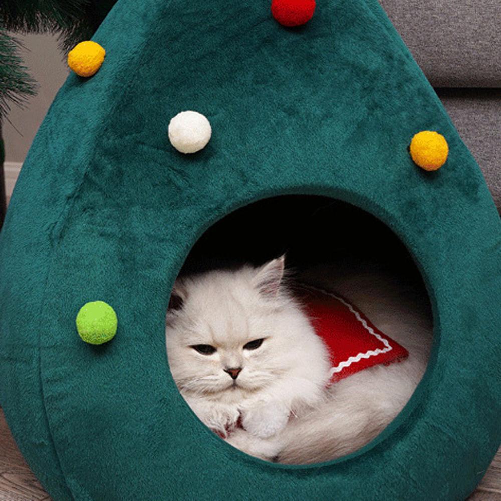 Durable Pet Bed Cute Green Christmas Tree Shape Cat House Half Closed Pet Cat Litter Gift for Cat Christmas Warm Soft Winter