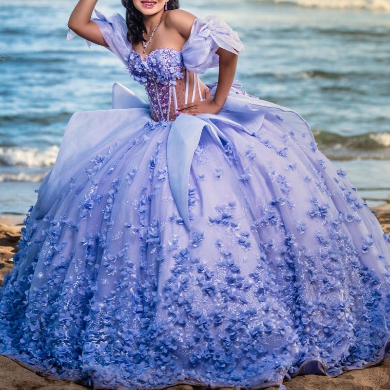Lavender Shiny Quinceanera Dresses Ball Gown Off Shoulder Applique Flower Beading Crystal Tull Corset Sweet 16 Dress Vestidos 15 De Anos