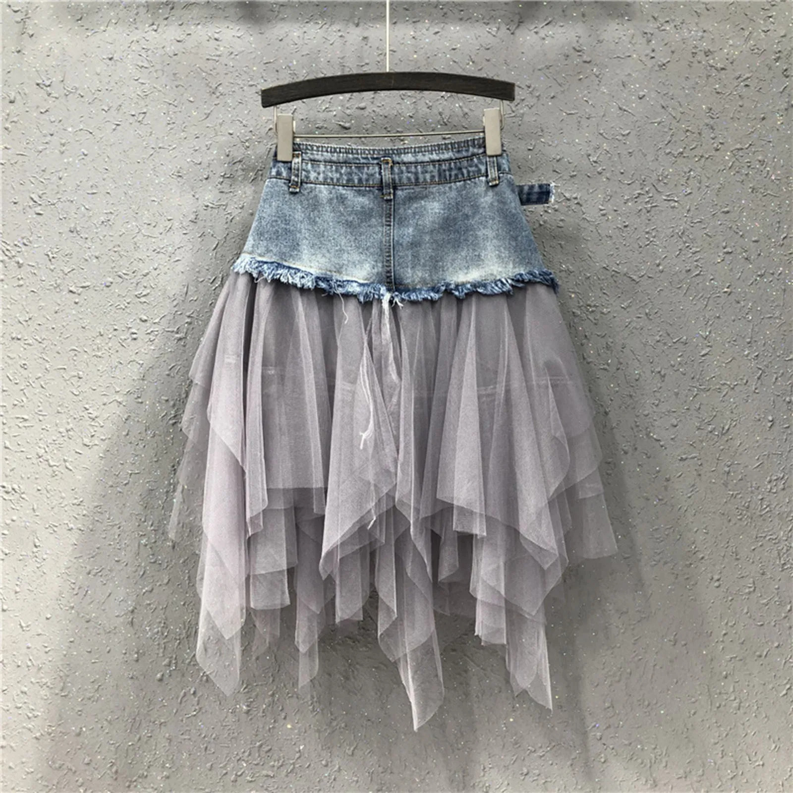 Punk womens denim ski net patch Jean Skirt Y2K high waist A-line asymmetrical chiffon skiing pleated Gothic fashion Faldas 250228