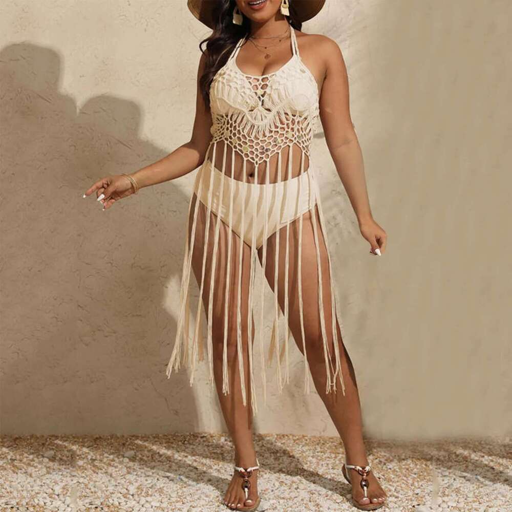 Long Super Tassel Beach Dress For Women Summer Sequin Swimsuit Cover Up Rosered Adjustable Strappy Beachweawr V Neck Hollow Out Km-Ly