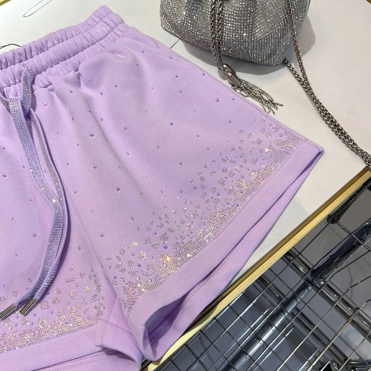 2024 Summer Pink Short European Products Diamond High Waist Small Loose Wide Legs A Casual Bathroom Pants 250304