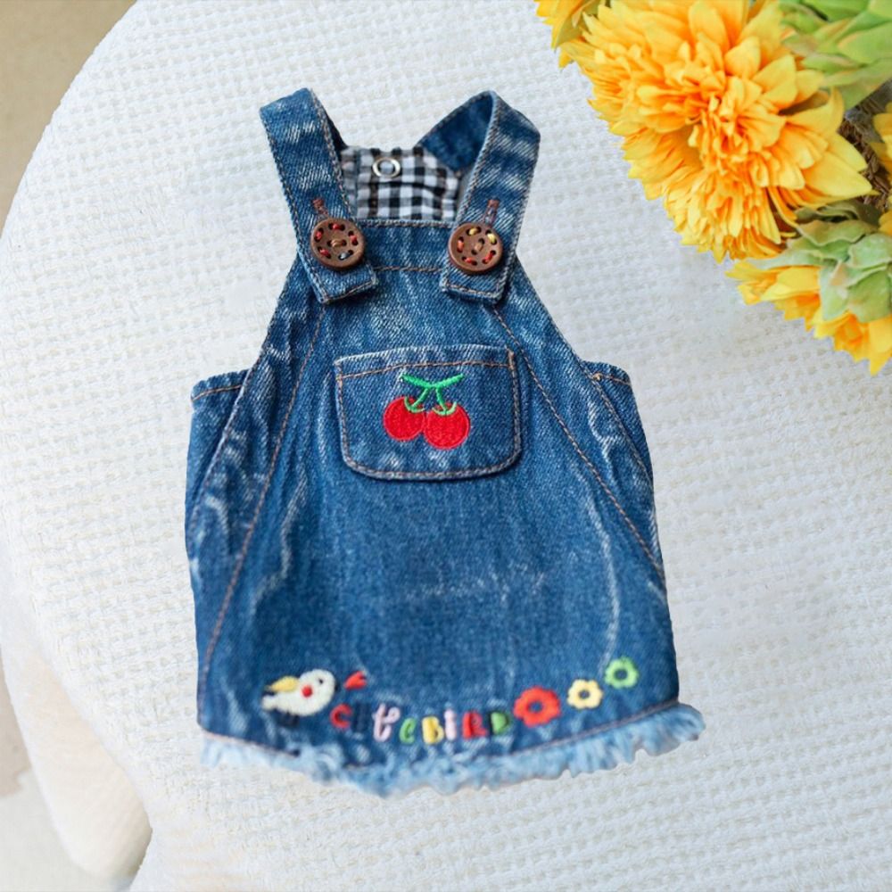 Creative Cute Pet Cherry Jeans Skirt With Pattern Washable Dog Denim Dress Reusable Pet Clothing Spring/Summer