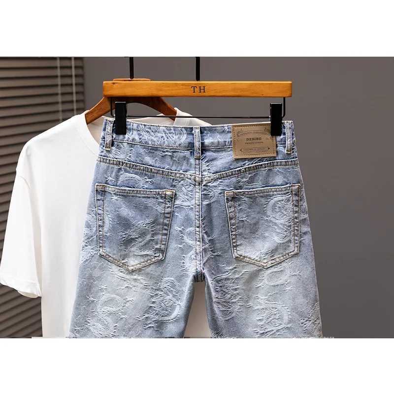 2024 Summer New Personality Dragon Print Stylish Straight Blue Denim Shorts Male Street Style Mens Straight Denim ShortsT250305