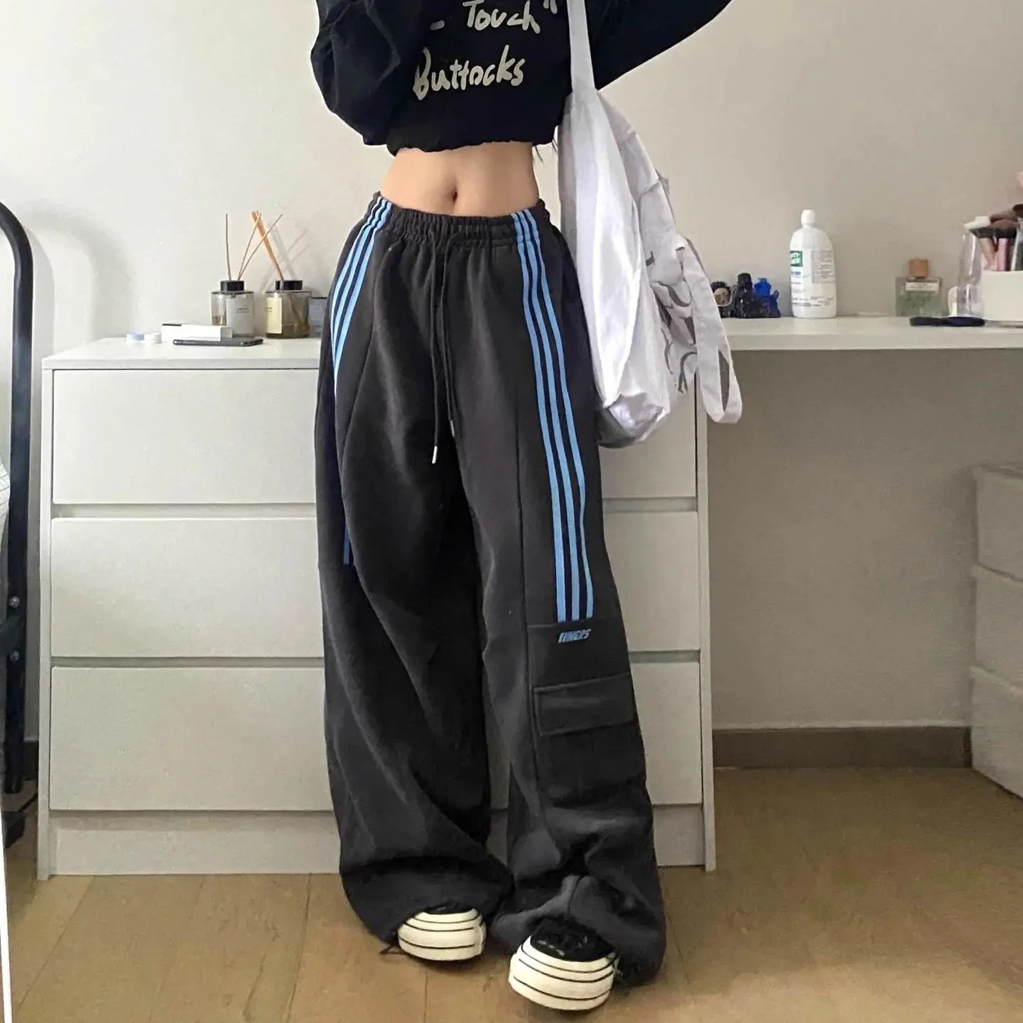 In Womens Sweatpants Casual Matching Wide Leg Pant Chic Sportswear Loose Cargo Pants Drawstring Joggers Baggy Streetwear 250304