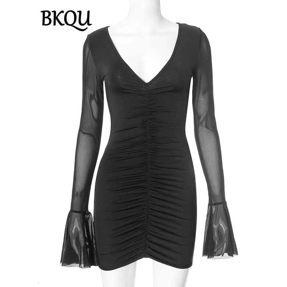 Sexy BKQU V-neck Ruched Mini Bodycon Women's Summer Mesh Patchwork Long Flare Sleeve Elegant Night Club Short Dress 2025