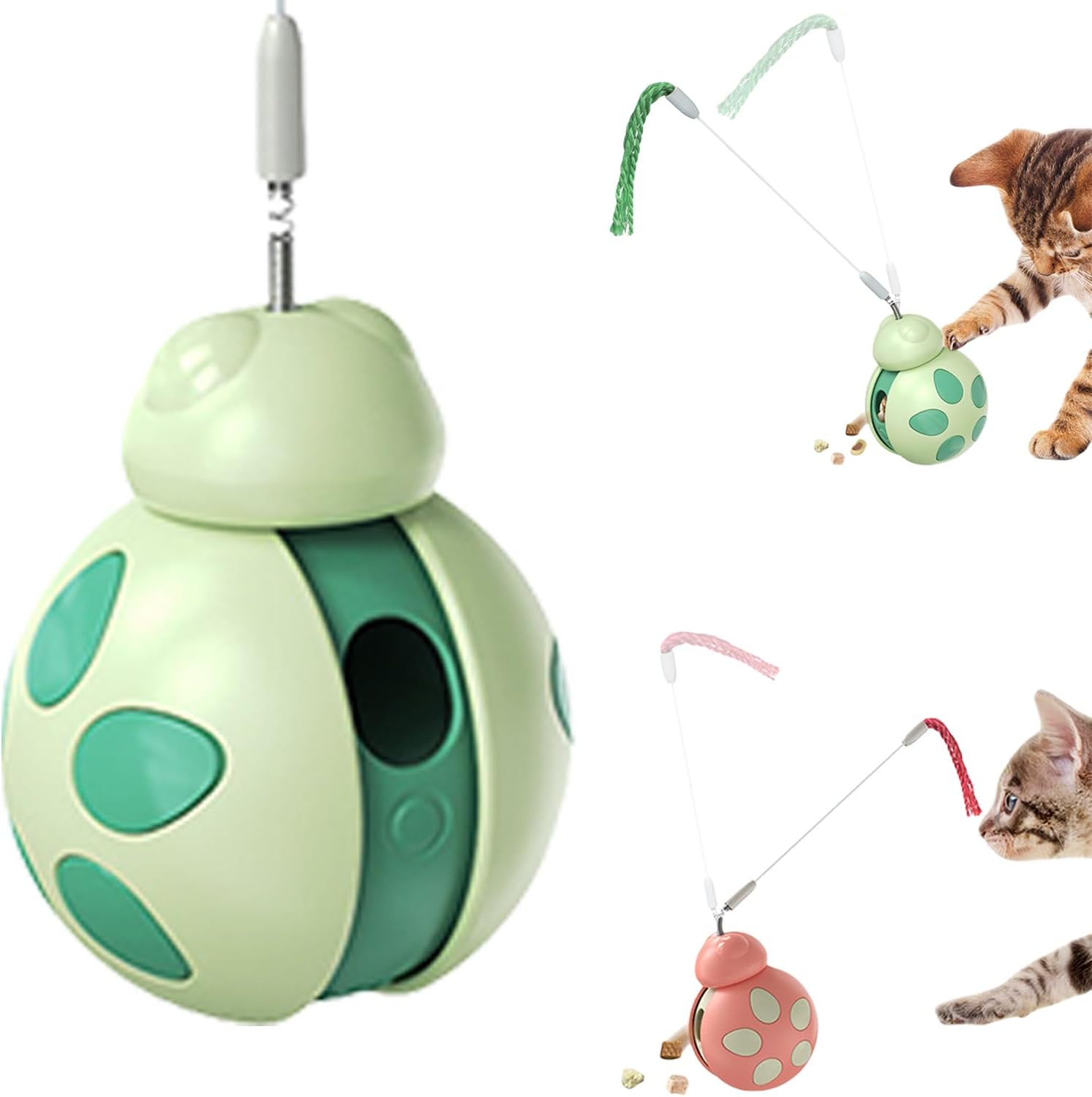 Cat Treat Dispenser Toy, Rolling Wobble Design with Spring Teaser Wand, Interactive Food Puzzle for Cats