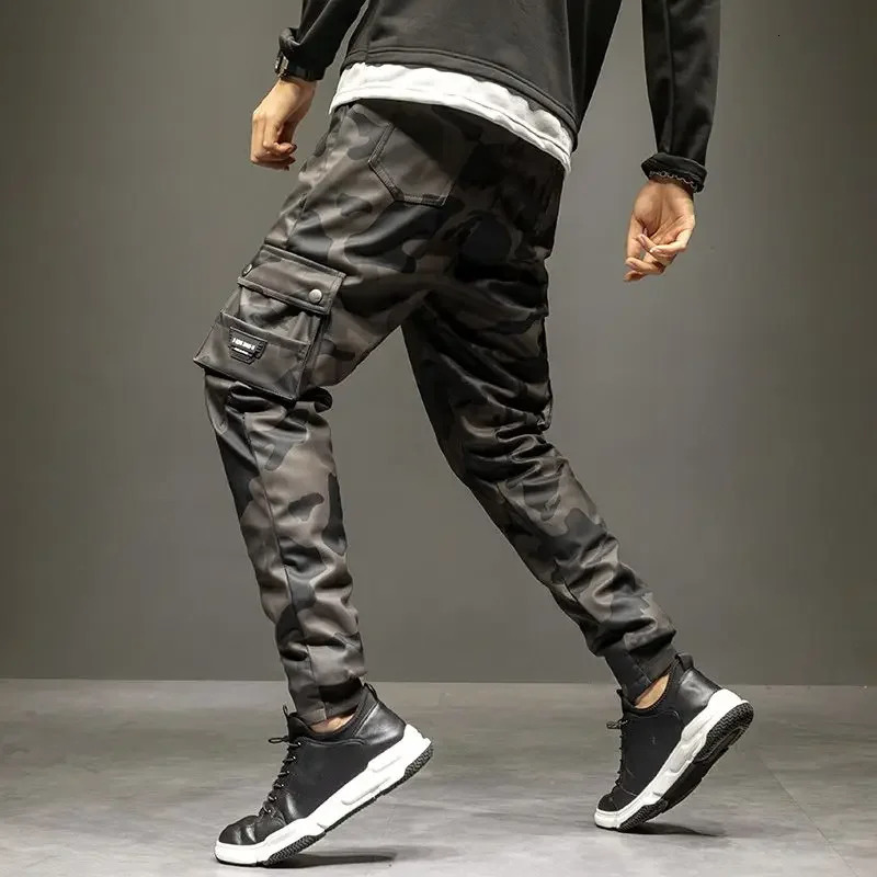 Leather pants mens winter elastic waist high casual weight loss waterproof windproof military leather cargo 250304