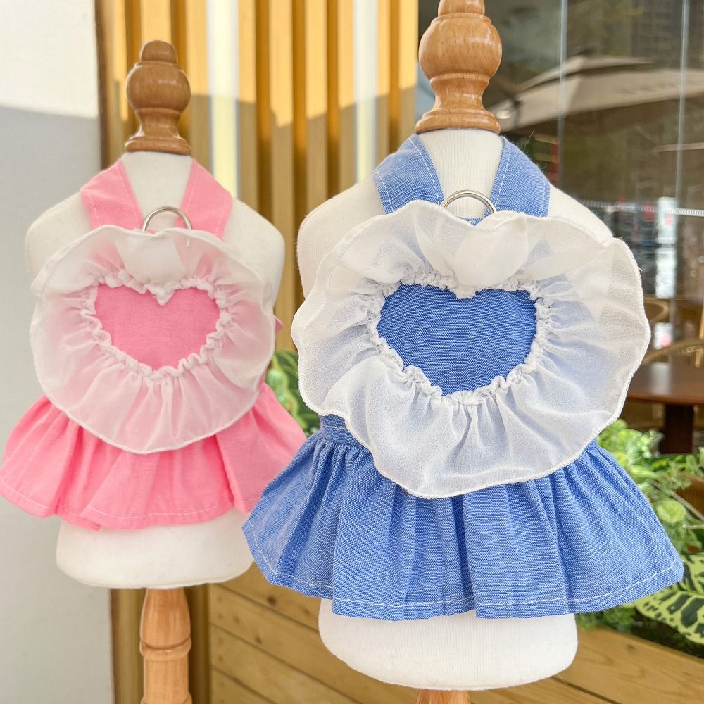 Cat Clothing Cute Dog Denim Dresses Heart Fashion Dog Cowboy Strap Dress with Ruffles Puppy Clothes For Small Medium Dogs