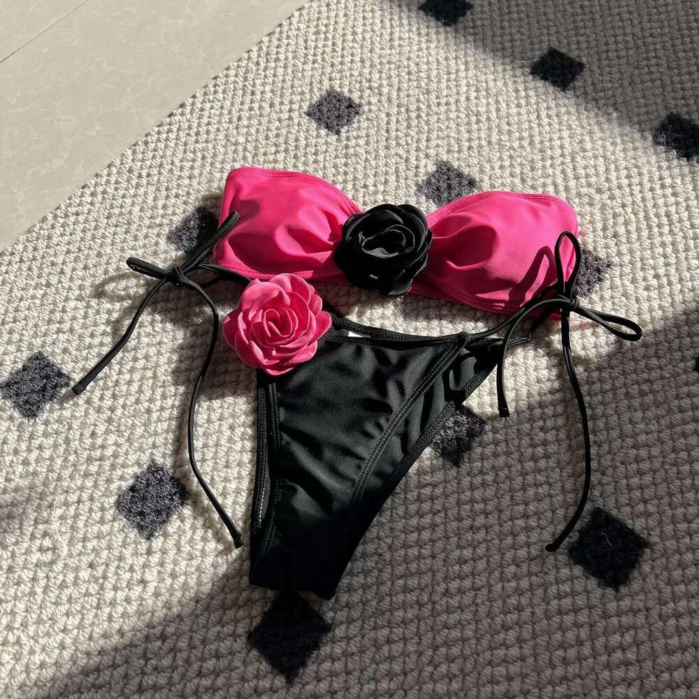 Wer 3D Bandeau Bikini Set 2024 New Sexy Tube Swimwear Women Striped Black Swimsuit Mini Bathing Suit Km-Ly
