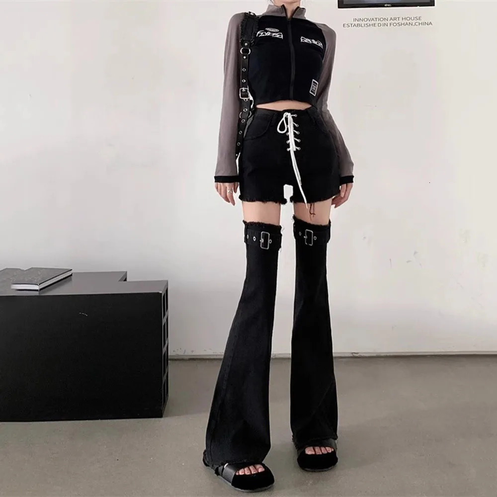 Black lace shorts for womens fashion gothic punk denim long pocket jeans with warm legs star diamond glitter pants 250304