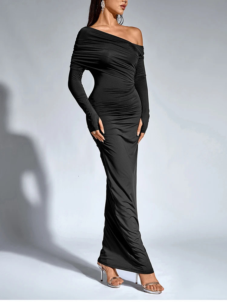 Asia Womens Long Sleeve Asymmetric Neck Dress One Shoulder Ruched Bodycon Fashion Club Party Maxi Dresses Brown Autumn 250304