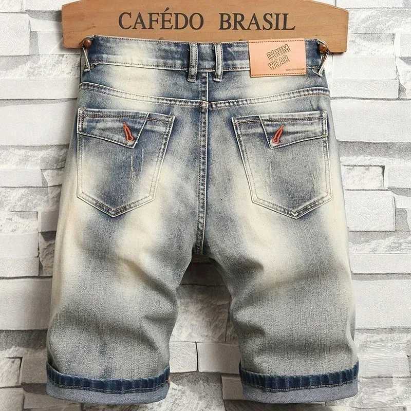 Summer New Mens Fashion Stretch Denim Shorts Retro High Street Style Old Slim Fit Short Jeans Splicing Design 98% Cotton BrandT250305