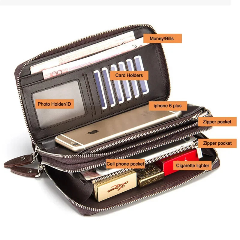 Large capacity long business mens leather wallet with coin pocket double zipper card clip clutch bag 250305