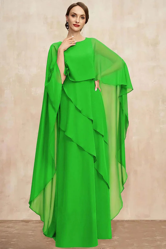 Plus Size Women Party Dress Chiffon Batwing Cape Sleeve Tiered Asymmetric Trim ONeck Gowns Cocktail Wedding Guest Long 250225