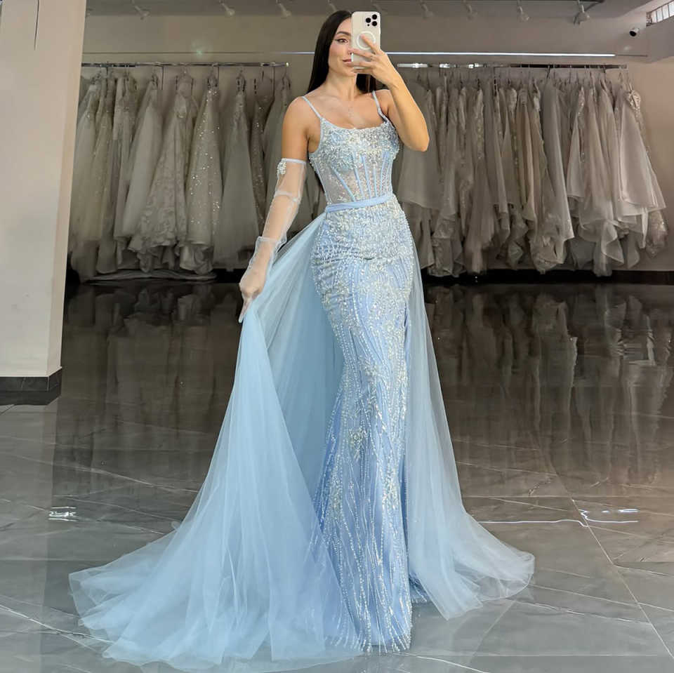 Elegant Mermaid Evening Dresses For Women Spaghetti Strap Sleeveless Gown Appliques Sequins Detachable Train Party Customized Dress