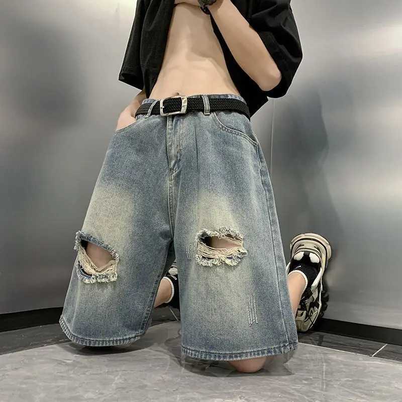 Mens Casual Ripped Denim Shorts Thin Versatile Straight Mid-leg PantsT250305