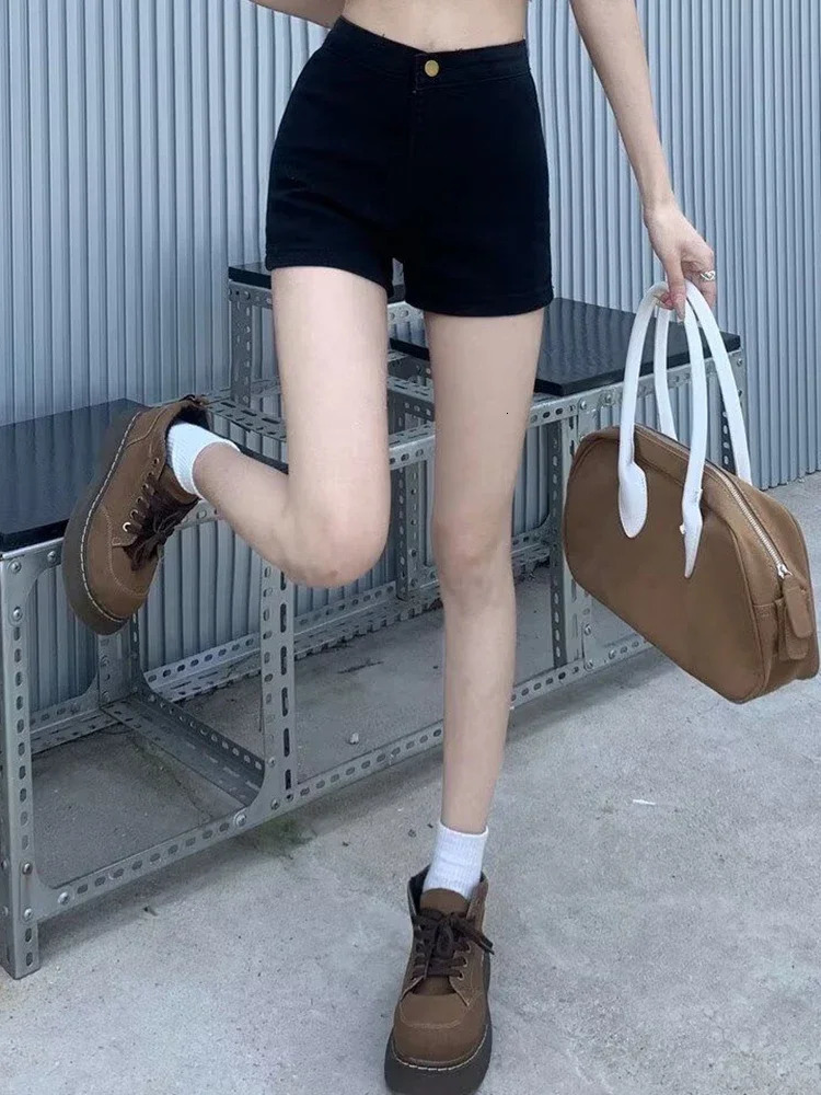 Womens 90s fashion black gothic denim shorts retro high waisted Aline mini Y2k Harajuku Korean Emo 2000s clothing 250304